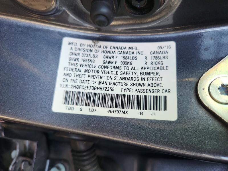 Aukcja sprzedaży 2016 Honda Civic, vin: 2HGFC2F70GH572355, numer aukcji: 71589306