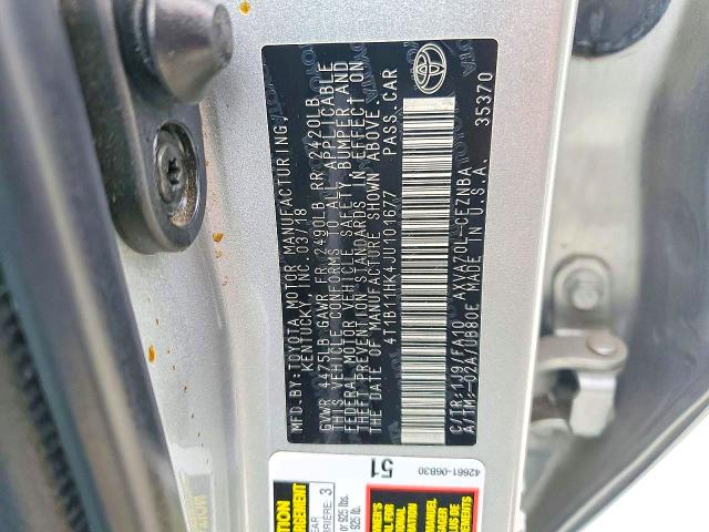 Auction sale of the 2018 Toyota Camry, vin: 4T1B11HK4JU101677, lot number: 72617506