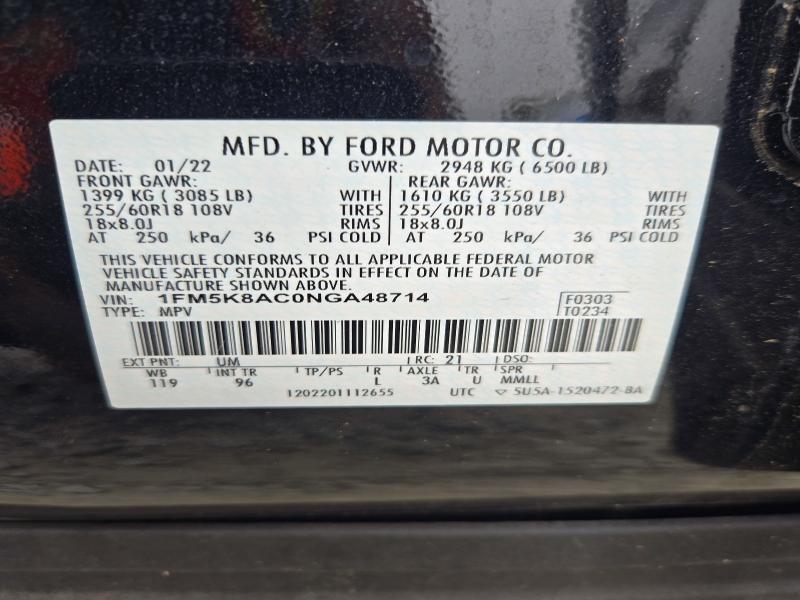 71257286 :رقم المزاد ، 1FM5K8AC0NGA48714 vin ، 2022 Ford Explorer مزاد بيع