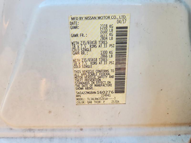 2017 Nissan Murano მანქანა იყიდება აუქციონზე, vin: 5N1AZ2MG6HN160276, აუქციონის ნომერი: 69982736