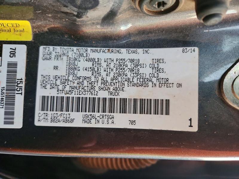 2014 Toyota Tundra მანქანა იყიდება აუქციონზე, vin: 5TFUW5F11EX377612, აუქციონის ნომერი: 71694006