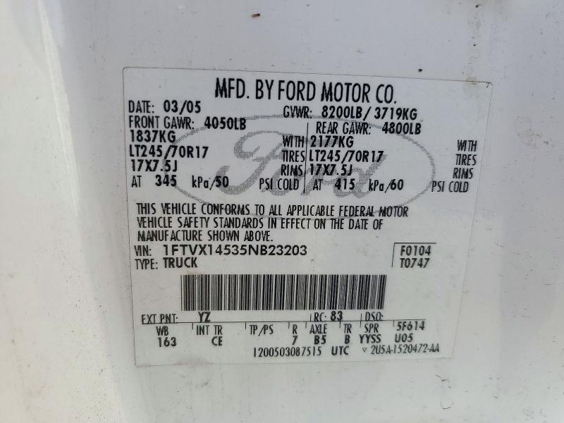 2005 Ford F150 მანქანა იყიდება აუქციონზე, vin: 1FTVX14535NB23203, აუქციონის ნომერი: 73523316