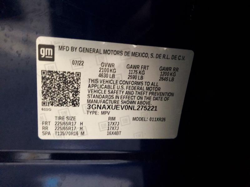 70772586 :رقم المزاد ، 3GNAXUEV0NL275221 vin ، 2022 Chevrolet Equinox مزاد بيع