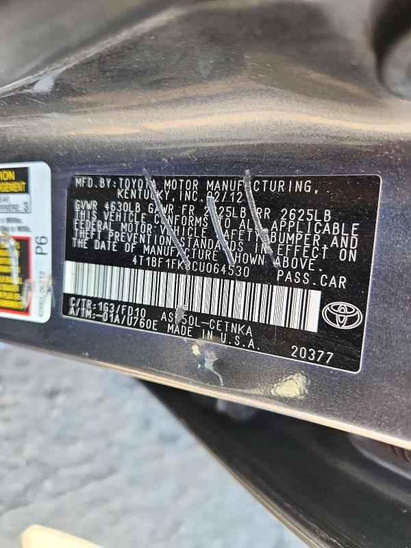 Aukcja sprzedaży 2012 Toyota Camry, vin: 4T1BF1FK8CU064530, numer aukcji: 71355196