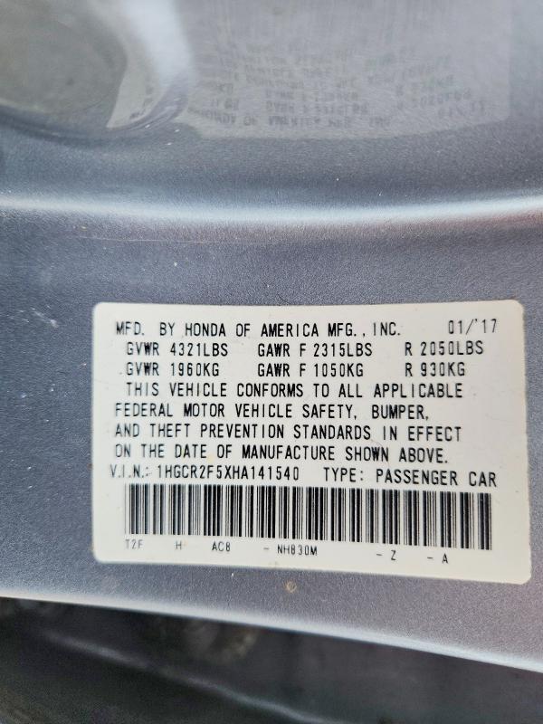 2017 Honda Accord მანქანა იყიდება აუქციონზე, vin: 1HGCR2F5XHA141540, აუქციონის ნომერი: 71901926