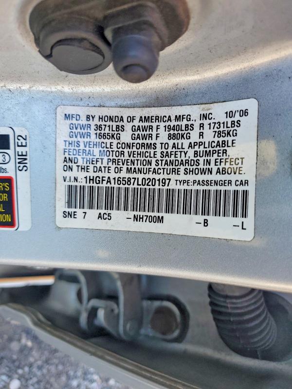 2007 Honda Civic მანქანა იყიდება აუქციონზე, vin: 1HGFA16587L020197, აუქციონის ნომერი: 71756066