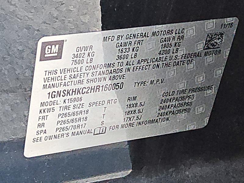 72354446 :رقم المزاد ، 1GNSKHKC2HR160050 vin ، 2017 Chevrolet Suburban مزاد بيع