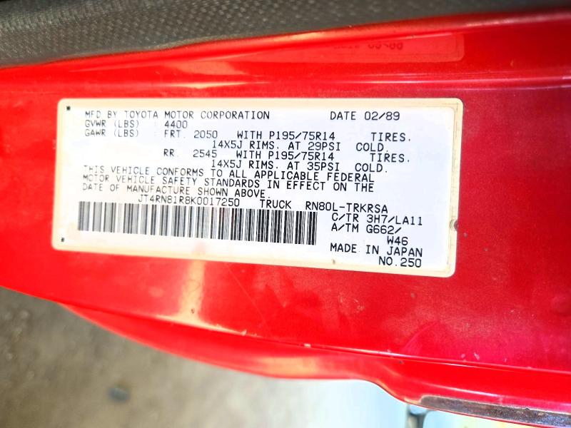 1989 Toyota Pickup მანქანა იყიდება აუქციონზე, vin: JT4RN81R8K0017250, აუქციონის ნომერი: 71645136