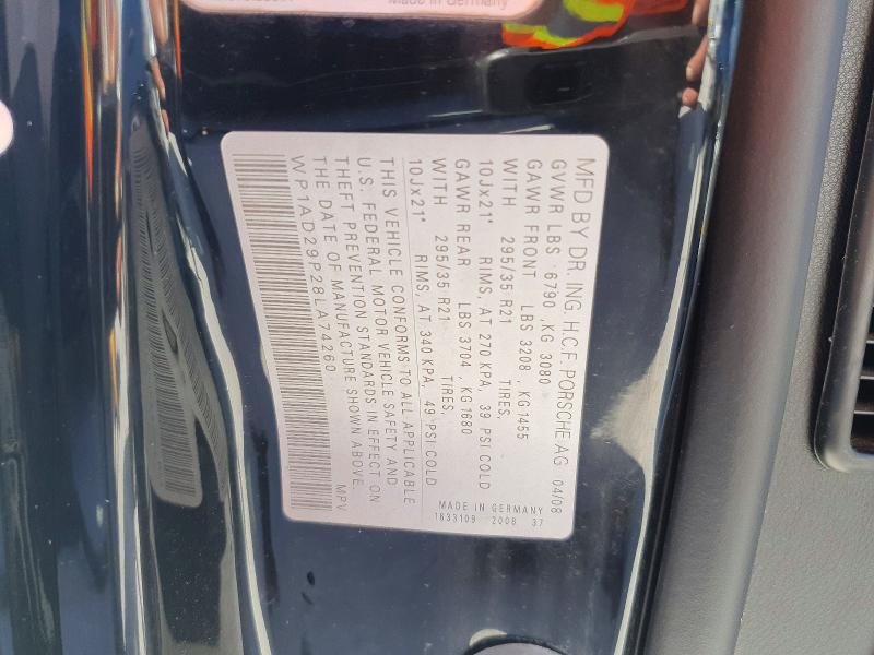 73880846 :رقم المزاد ، WP1AD29P28LA74260 vin ، 2008 Porsche Cayenne مزاد بيع