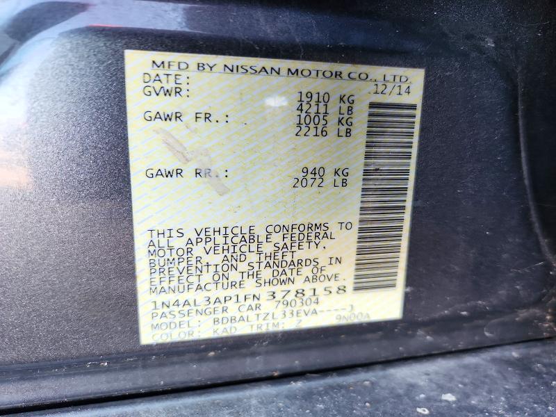 2015 Nissan Altima მანქანა იყიდება აუქციონზე, vin: 1N4AL3AP1FN378158, აუქციონის ნომერი: 72219646