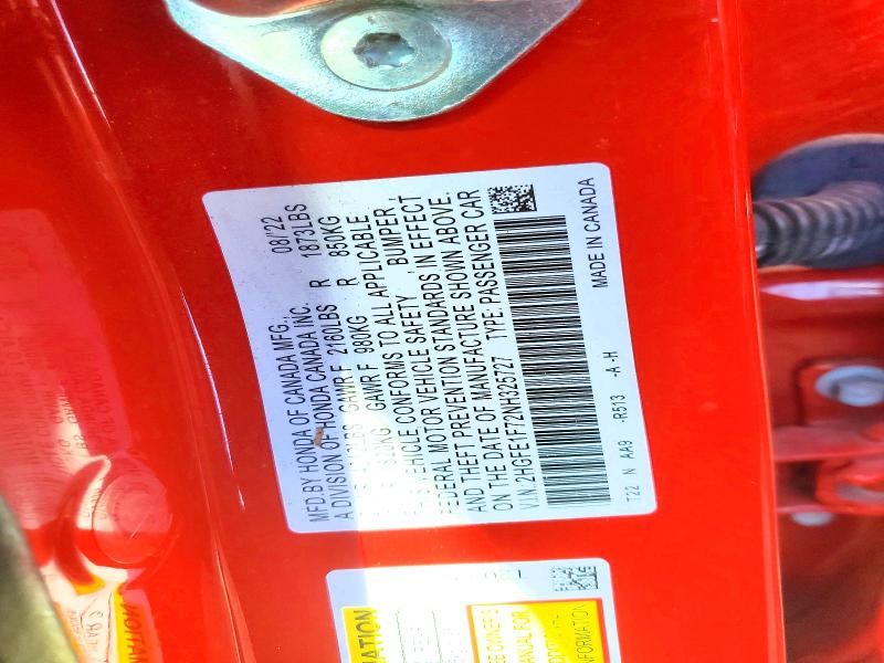 71643156 :رقم المزاد ، 2HGFE1F72NH325727 vin ، 2022 Honda Civic مزاد بيع