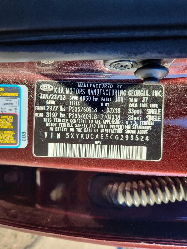 71604216 :رقم المزاد ، 5XYKUCA65CG293524 vin ، 2012 Kia Sorento مزاد بيع