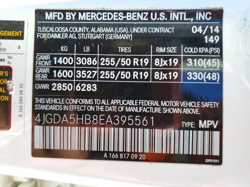 Продажа на аукционе авто 2014 Mercedes-benz Ml, vin: 4JGDA5HB8EA395561, номер лота: 72375196