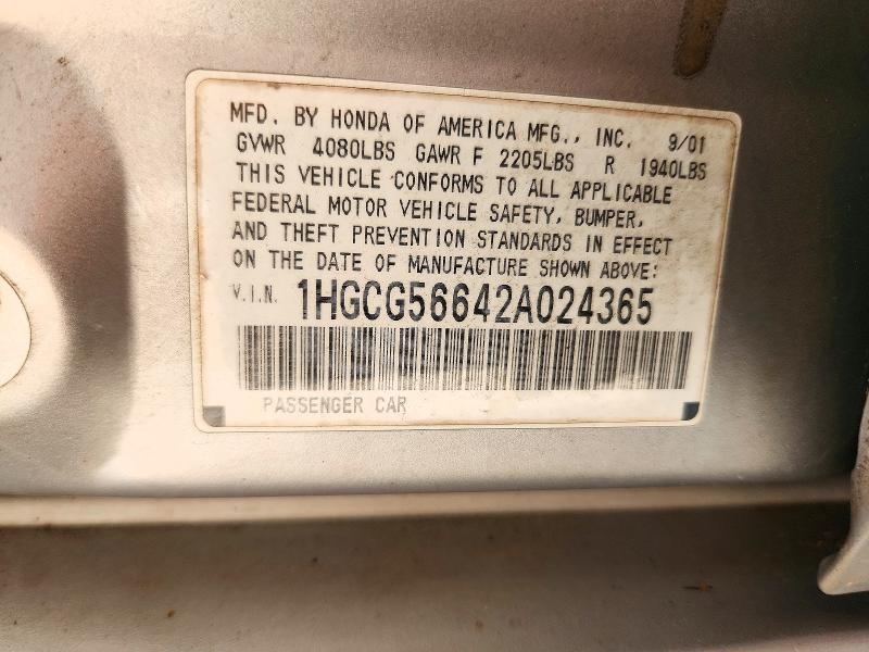 Aukcja sprzedaży 2002 Honda Accord, vin: 1HGCG56642A024365, numer aukcji: 72996966