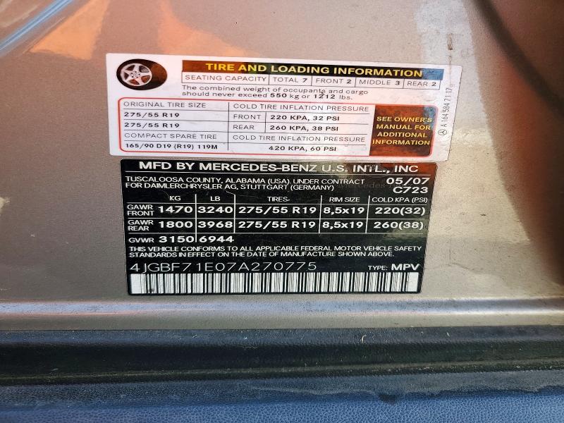 Продажа на аукционе авто 2007 Mercedes-benz Gl, vin: 4JGBF71E07A270775, номер лота: 72765156