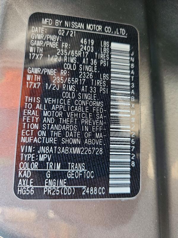 Продажа на аукционе авто 2021 Nissan Rogue, vin: JN8AT3ABXMW226728, номер лота: 71942596