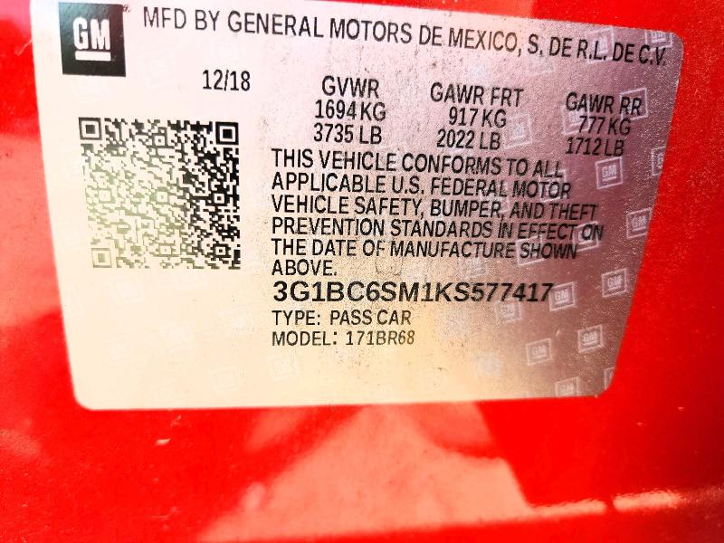 70131796 :رقم المزاد ، 3G1BC6SM1KS577417 vin ، 2019 Chevrolet Cruze مزاد بيع