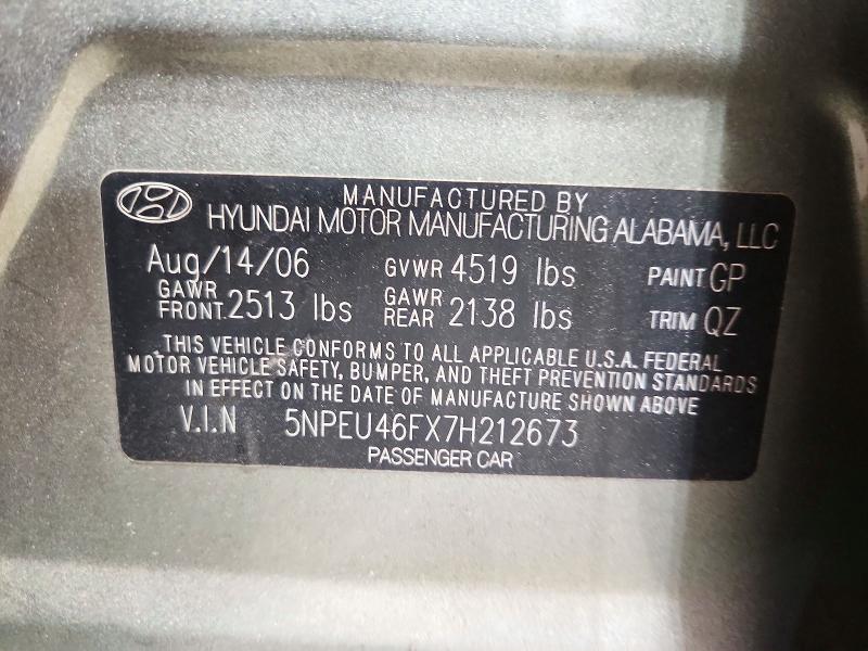 72137596 :رقم المزاد ، 5NPEU46FX7H212673 vin ، 2007 Hyundai Sonata مزاد بيع
