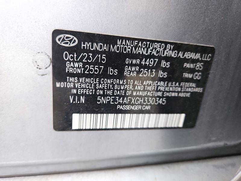2016 Hyundai Sonata მანქანა იყიდება აუქციონზე, vin: 5NPE34AFXGH330345, აუქციონის ნომერი: 71687356