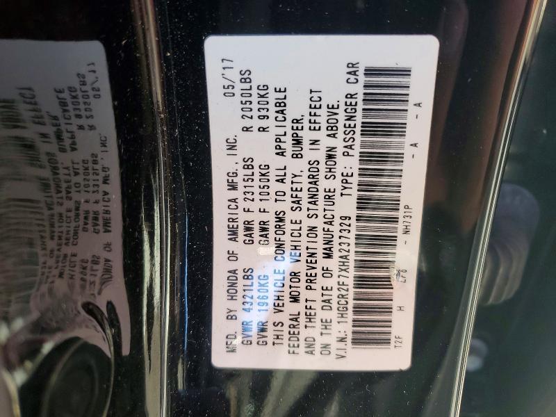 2017 Honda Accord მანქანა იყიდება აუქციონზე, vin: 1HGCR2F7XHA237329, აუქციონის ნომერი: 70921716