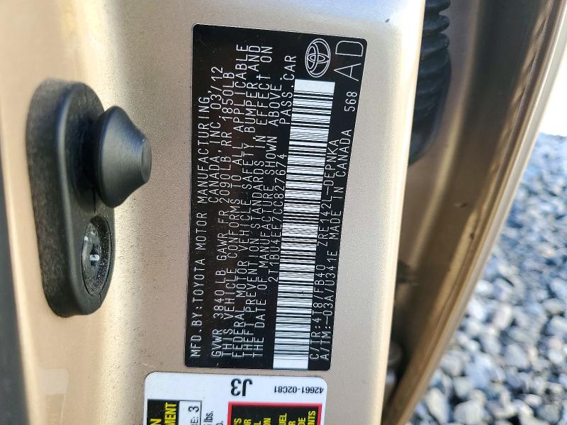 72768796 :رقم المزاد ، 2T1BU4EE7CC827674 vin ، 2012 Toyota Corolla مزاد بيع