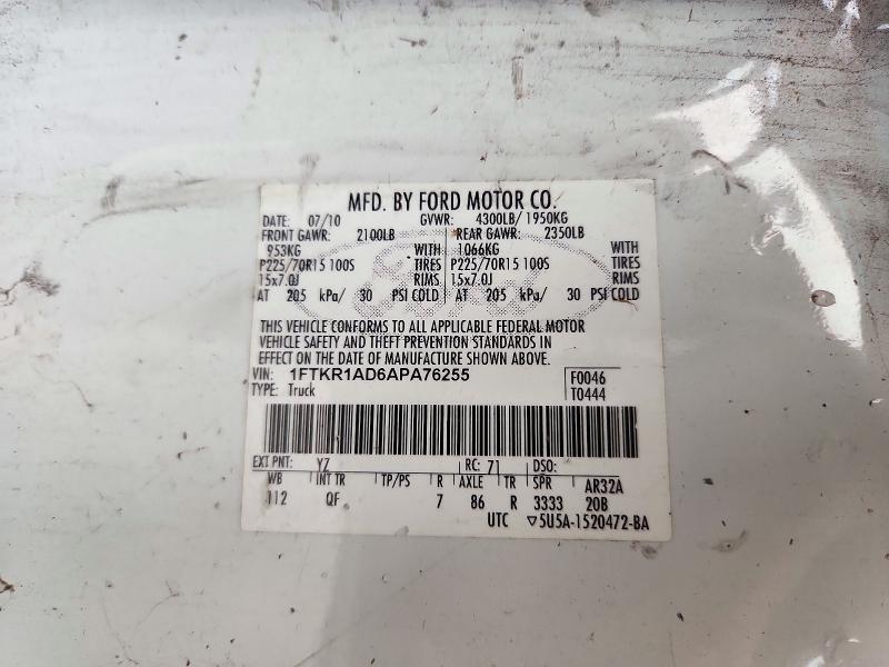 71868956 :رقم المزاد ، 1FTKR1AD6APA76255 vin ، 2010 Ford Ranger مزاد بيع
