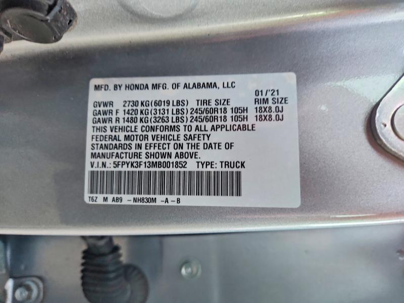 2021 Honda Ridgeline მანქანა იყიდება აუქციონზე, vin: 5FPYK3F13MB001852, აუქციონის ნომერი: 71356086