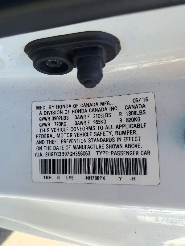 2016 Honda Civic მანქანა იყიდება აუქციონზე, vin: 2HGFC3B97GH356063, აუქციონის ნომერი: 72953226