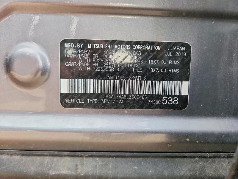 71368896 :رقم المزاد ، JA4AT3AA8LZ602465 vin ، 2020 Mitsubishi Eclipse Cross مزاد بيع