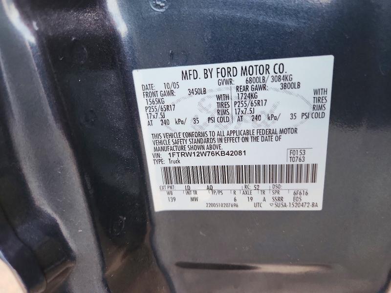Продаж на аукціоні авто 2006 Ford F150, vin: 1FTRW12W76KB42081, номер лоту: 72204976