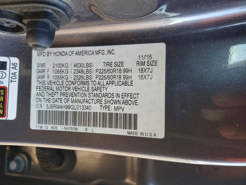 71961736 :رقم المزاد ، 5J6RM4H99GL013340 vin ، 2016 Honda Cr-v مزاد بيع