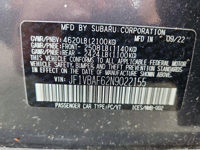 Aukcja sprzedaży 2022 Subaru Wrx, vin: JF1VBAF62N9022155, numer aukcji: 72018366