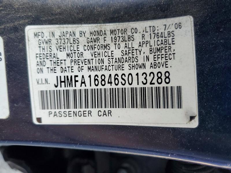 Aukcja sprzedaży 2006 Honda Civic, vin: JHMFA16846S013288, numer aukcji: 70323676
