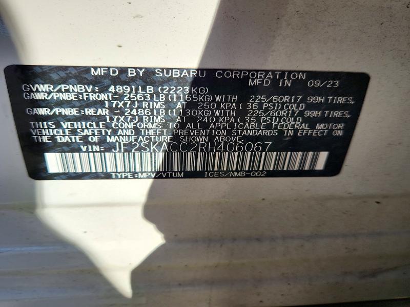 2024 Subaru Forester მანქანა იყიდება აუქციონზე, vin: JF2SKACC2RH406067, აუქციონის ნომერი: 71738116