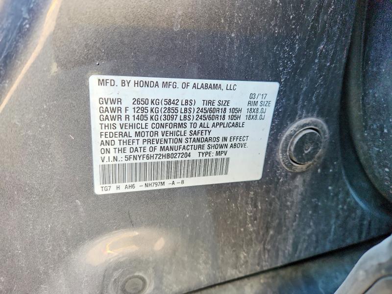 Auction sale of the 2017 Honda Pilot, vin: 5FNYF6H72HB027204, lot number: 71943166
