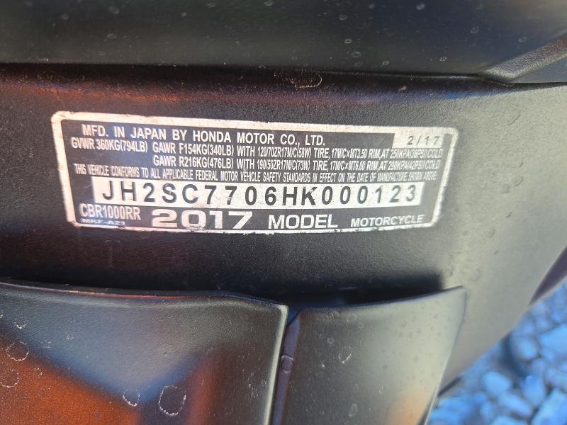 Продаж на аукціоні авто 2017 Honda Cbr1000, vin: JH2SC7706HK000123, номер лоту: 73100596