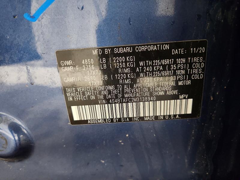2021 Subaru Outback მანქანა იყიდება აუქციონზე, vin: 4S4BTAFC2M3138940, აუქციონის ნომერი: 71435976