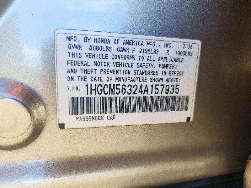 Продаж на аукціоні авто 2004 Honda Accord, vin: 1HGCM56324A157935, номер лоту: 72681546