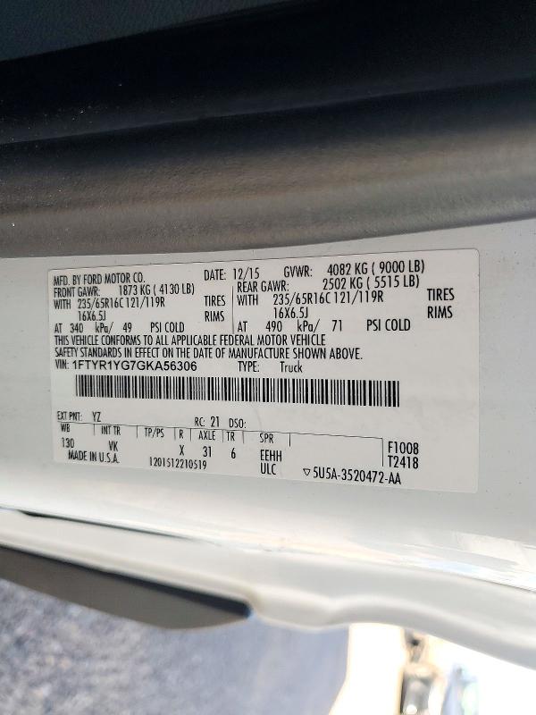 72155166 :رقم المزاد ، 1FTYR1YG7GKA56306 vin ، 2016 Ford Transit مزاد بيع