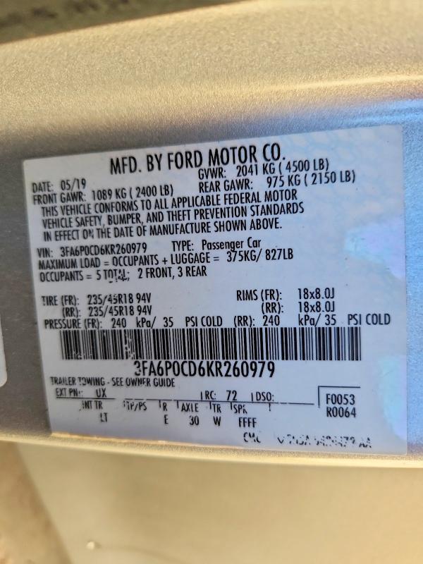 Продажа на аукционе авто 2019 Ford Fusion, vin: 3FA6P0CD6KR260979, номер лота: 71428096