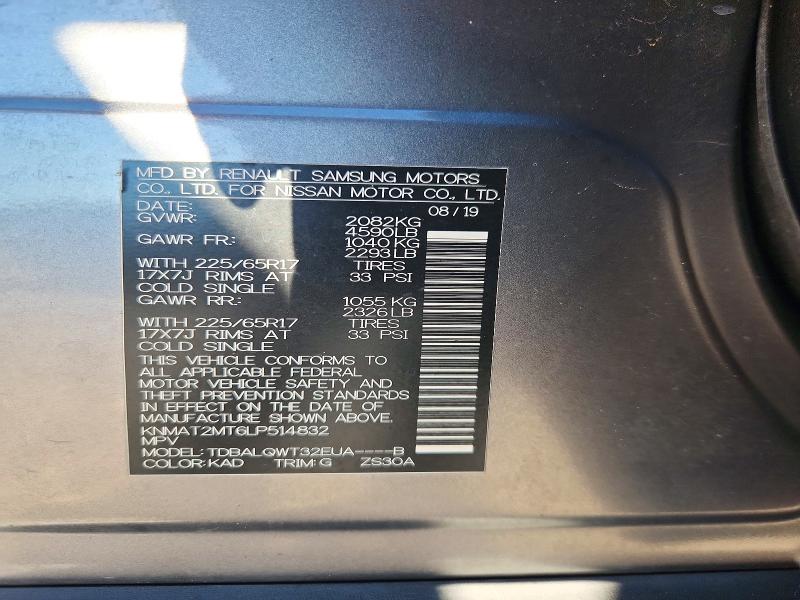 72883076 :رقم المزاد ، KNMAT2MT6LP514832 vin ، 2020 Nissan Rogue مزاد بيع