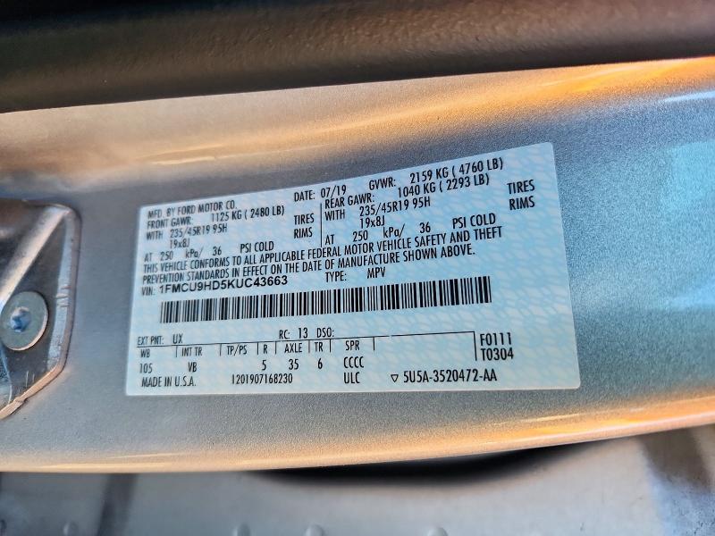 Продаж на аукціоні авто 2019 Ford Escape, vin: 1FMCU9HD5KUC43663, номер лоту: 72768016