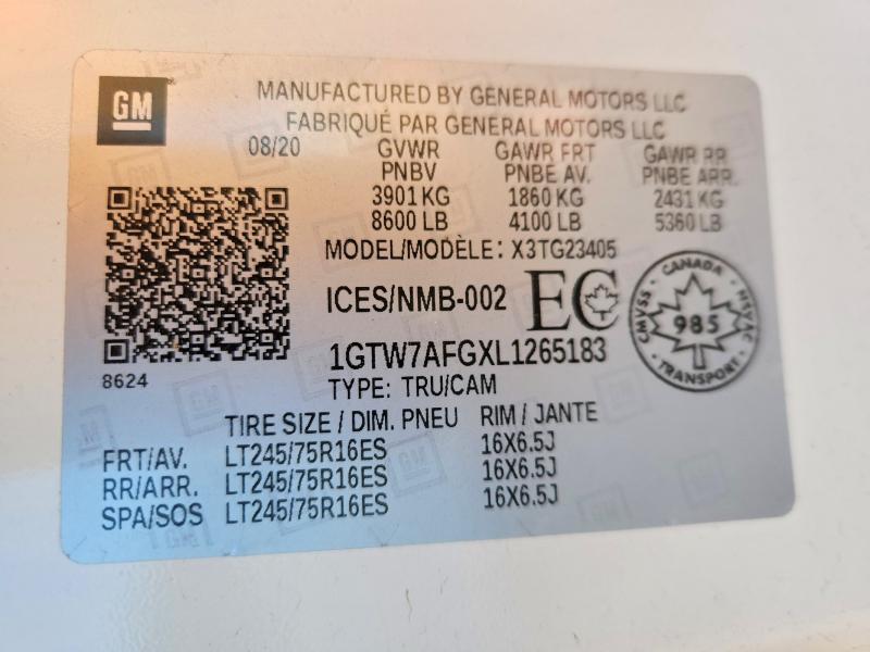 71483926 :رقم المزاد ، 1GTW7AFGXL1265183 vin ، 2020 Gmc Savana مزاد بيع