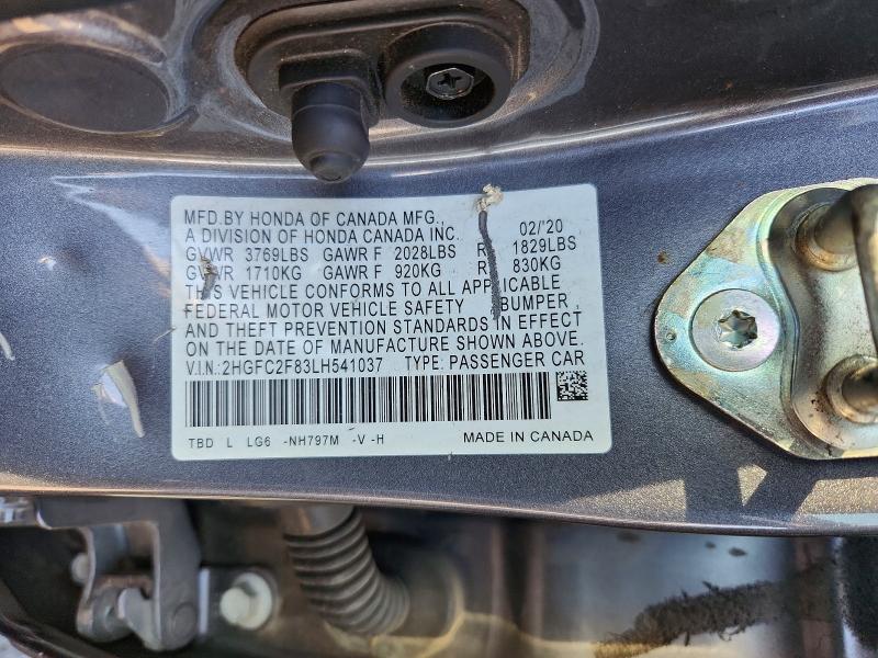 Продаж на аукціоні авто 2020 Honda Civic, vin: 2HGFC2F83LH541037, номер лоту: 71587036