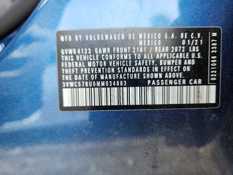 Auction sale of the 2021 Volkswagen Jetta, vin: 3VWC57BU0MM034883, lot number: 71556996