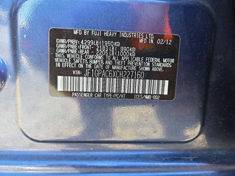Продажа на аукционе авто 2012 Subaru Impreza, vin: JF1GPAC6XCH227160, номер лота: 73095636