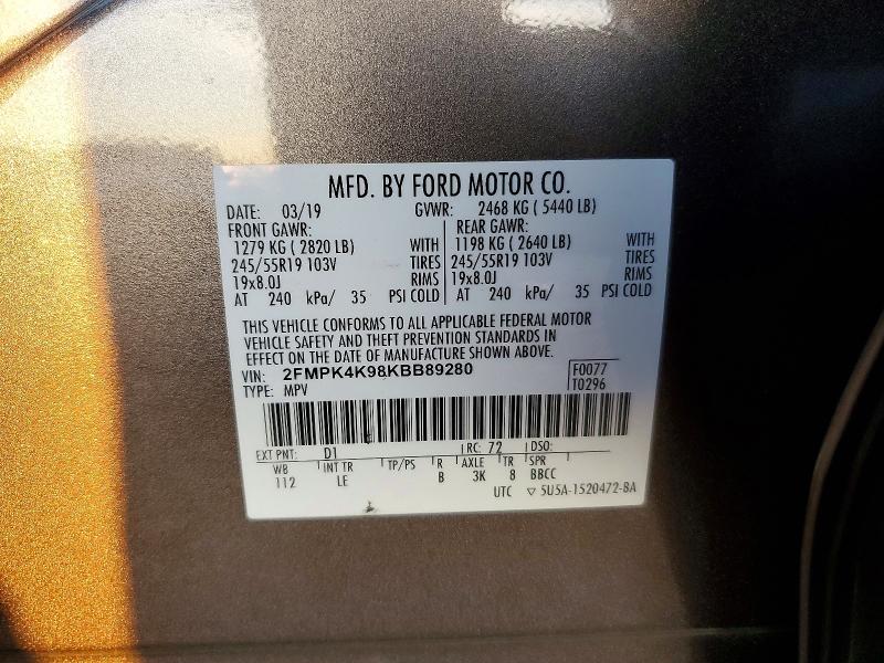 70417826 :رقم المزاد ، 2FMPK4K98KBB89280 vin ، 2019 Ford Edge مزاد بيع