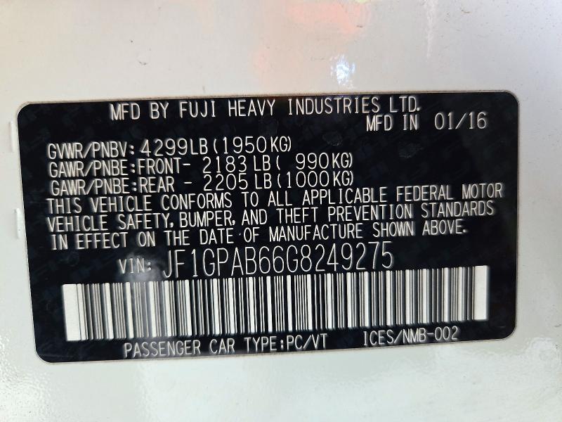 71679916 :رقم المزاد ، JF1GPAB66G8249275 vin ، 2016 Subaru Impreza مزاد بيع