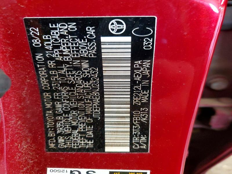 Продаж на аукціоні авто 2022 Toyota Corolla, vin: JTDEPMAE8NJ232432, номер лоту: 72122286