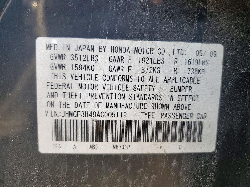2010 Honda Fit მანქანა იყიდება აუქციონზე, vin: JHMGE8H49AC005119, აუქციონის ნომერი: 71219746
